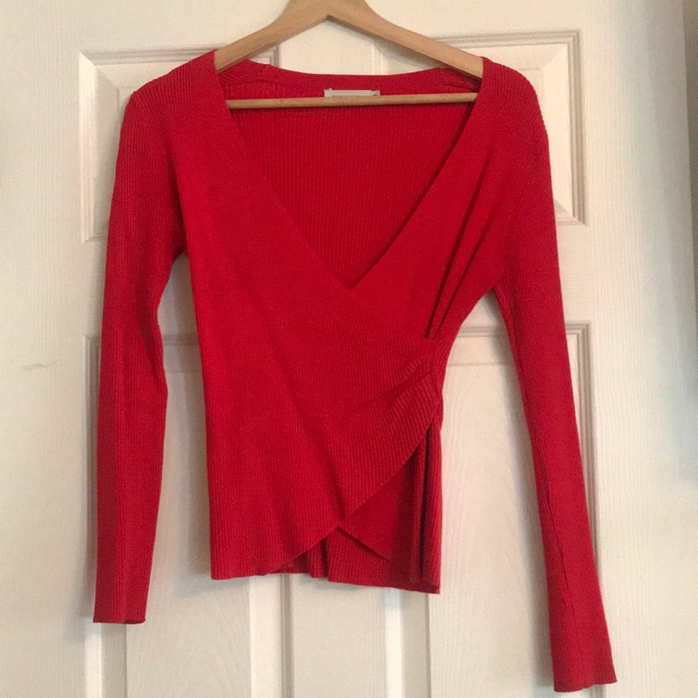 News Supply Red Faux Wrap Sweater